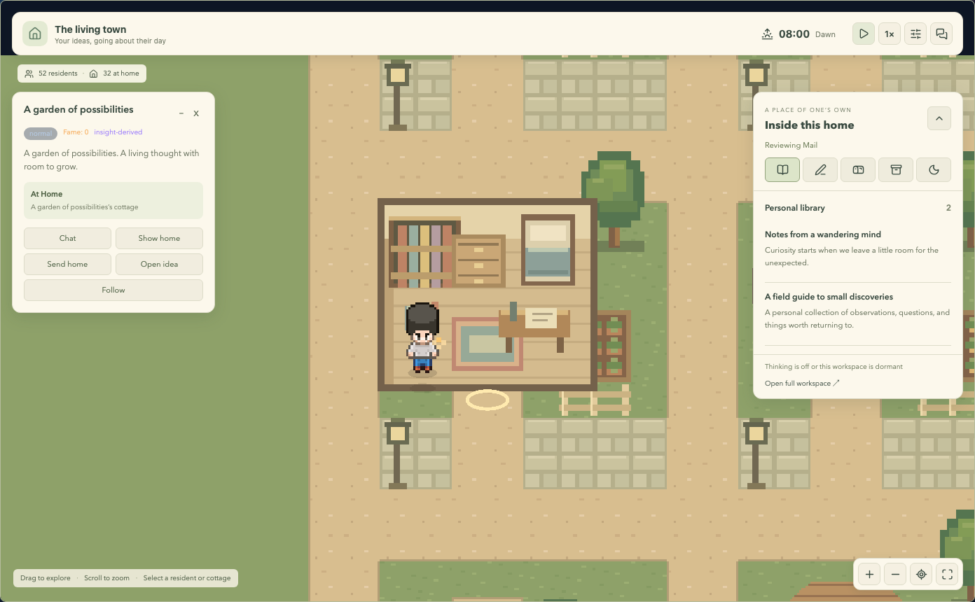 A selected cottage opens to show a bookshelf, writing desk, bed, mailbox, and memory cabinet, beside a panel with personal library previews